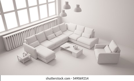 Seating Area With Couch In Living Room Of Loft From Above All In White (3D Rendering)