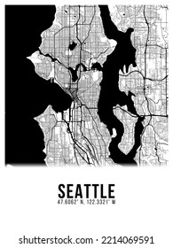 Seattle Black Color City Map Poster