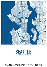 Seattle Blue Color City Map Poster