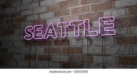 SEATTLE - Glowing Neon Sign On Stonework Wall - 3D Rendered Royalty Free Stock Illustration.  Can Be Used For Online Banner Ads And Direct Mailers.
