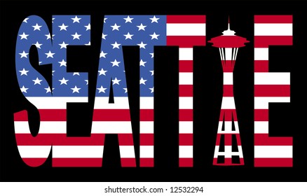 Seattle Text With Space Needle And American Flag Illustration JPG