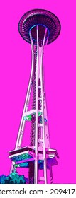 SEATTLE WASHINGTON UNITED STATES OF AMERICA 06 12 2005: Space Needle Is An Observation Tower Sign Illustration Pop-art Background Icon With Color Spots