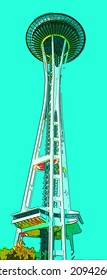 SEATTLE WASHINGTON UNITED STATES OF AMERICA 06 12 2005: Space Needle Is An Observation Tower Sign Illustration Pop-art Background Icon With Color Spots