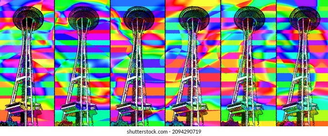 SEATTLE WASHINGTON UNITED STATES OF AMERICA 06 12 2005: Space Needle Is An Observation Tower Sign Illustration Pop-art Background Icon With Color Spots