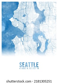 Seattle Watercolor City Map Poster