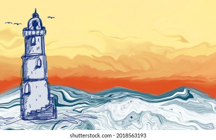 
Seaview painted ocean sunset header background with lighthouse. Copy space. Painterly watercolor acrylic paint effect for modern coastal living or beacon of light social media design template

