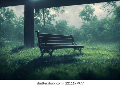 A Secluded Wooden Park Bench In North Carolina On A Cloudy Day Solitude Peace Escape From The Grind 3d Illustration