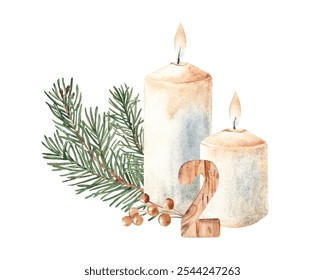 Second Advent, Christmas Candles Composition with Fir Branches, Winter Berries and wooden Number Two. Hand drawn Botanical illustration isolated on white background. For Cards and Prints. - Powered by Shutterstock