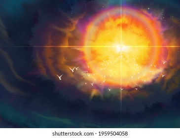 Second coming of Jesus, a depiction of the glorious advent, Revelation New Testament, Adventism religious illustration imagery