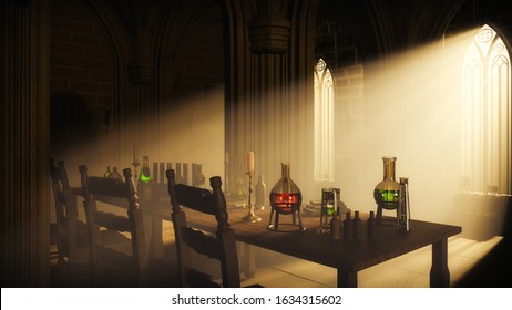 Secret chamber with laboratory in the old gothic castle. 3D illustration.