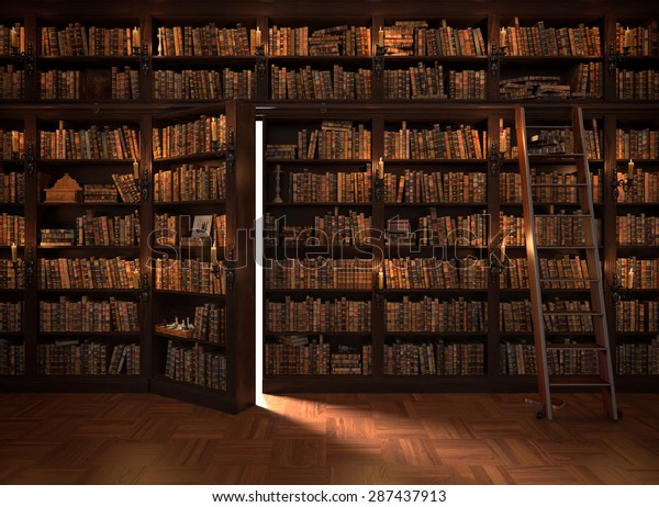 本棚の秘密のドア ロウソクの照明を持つ謎の図書館 ビンテージ素材を使って のイラスト素材
