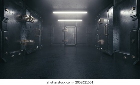 Secret room in an underground bunker. Cells behind heavy steel doors 3D illustration