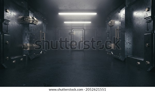 Secret room in an underground bunker. Cells\
behind heavy steel doors 3D\
illustration