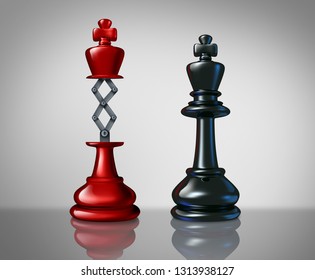 Secret Weapon Business Success Concept With A Red Chess King Rising Above A Competitor Leader With A Hidden Innovative Tool As A Metaphor For Innovation As A 3D Illustration..