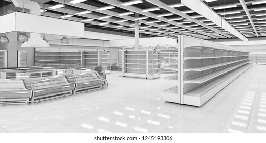 Section with refrigeration showcases in the supermarket. 3d illustration of the interior