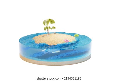 Section of water and an island with palm trees, isolated on a white background. Piece of a round island in the ocean, 3d render. 