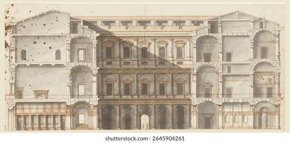 Section of the Wings and Elevation of a Wall on the Court, Palazzo Farnese, Rome. Vintage architectural illustration. Vintage artwork of building and architecture, beautiful illustration.