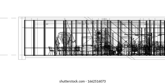 Sectional Elevation Wireframe Of Architectural Design 