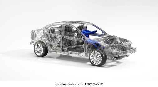 Sectional View Of A Car With Driver, Car Components, Chassis, Chassis, Car Frame, 3d Rendering, 3d Illustration