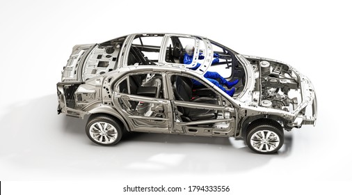 Sectional View Of A Car With Driver, Car Components, Chassis, Chassis, Car Frame, 3d Rendering, 3d Illustration