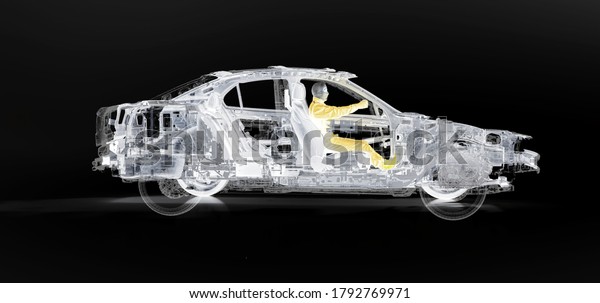 Sectional view of a\
car with driver, car components, chassis, chassis, car frame, 3d\
rendering, 3d\
illustration