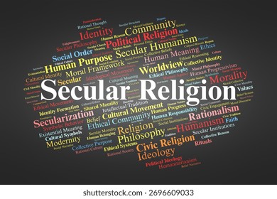 Secular Religion Word Cloud. Composition Of Terms Related To Nonreligious Belief Systems, Ethics, Humanism, And Shared Moral Frameworks In Modern Secular Societies.