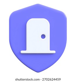 Secure access concept featuring a door icon on a shield, symbolizing doorway security and privacy. Good for security companies, app protection, or user interface design. 3D icon.