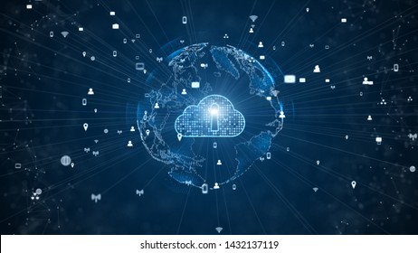 Secure Data Network Digital Cloud Computing Cyber Security Concept. Earth Element Furnished By Nasa