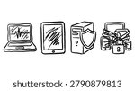 Secure device bundle presents a laptop tablet tower unit shield and locked gift box in black outline illustration on a clean white background. It suits cybersecurity pages device protection graphics technology catalogs and privacy layouts posters websites labels worksheets product pages and commercial stock layouts.