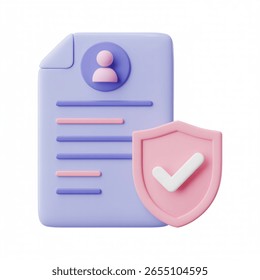 Secure Document and Shield: A 3D render shows a document with a profile icon and a shield with a checkmark. The pastel color scheme represents security, protection, and data privacy.
