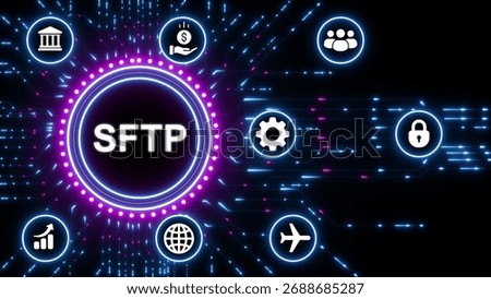 Secure File Transfer Protocol SFTP concept with glowing neon circle and technology icons