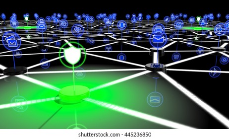 Secure Network  With IOT Icons And Green Shielded Nodes 3D Illustration Security Concept