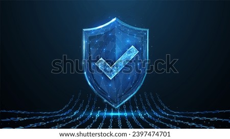 Secure technology. Polygonal wireframe shield with check mark sign on dark blue. Secure service, protect data, cyber shield, antivirus solution, internet safety, firewall system, privacy concept