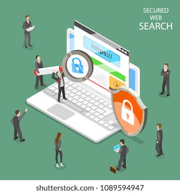Secure web search flat isometric . People are searching information through internet using secure protocol HTTPS.