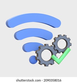 Secured Wifi Hotspot Setting With Gear And Check Mark Icon 3d Render Illustration