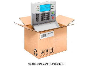 Security Alarm System Inside Cardboard Box, Delivery Concept. 3D Rendering Isolated On White Background