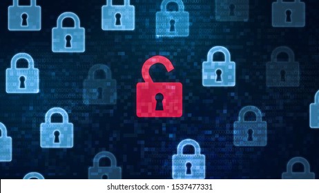 Security Breach Concept. Red Open Padlock Icon Among Closed Padlocks On Digital Screen As A Symbol Of Unsecured Data Under Cyber Attack, Panorama