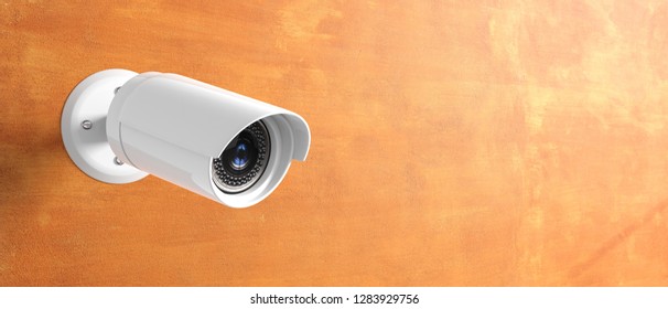 Security Camera CCTV. Surveillance Cam Isolated On Painted Wall Background, Banner, Copy Space. 3d Illustration
