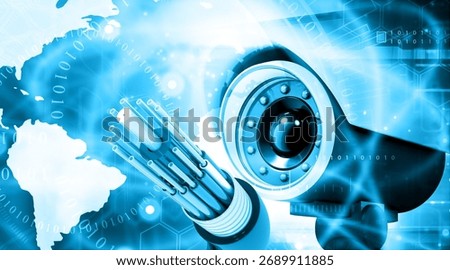 Security camera and fiber optic cables on modern technology background. 3d illustation	