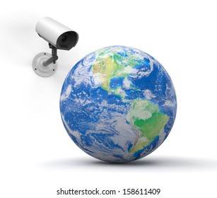 security camera and globe. Earth map provided by NASA