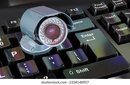 Security camera on computer keyboard concept, 3D rendering