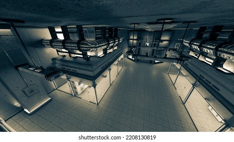 Security Camera View Of The Cloning Place In The Cyberpunk Age Background In Cinematic View, 3d Illustration