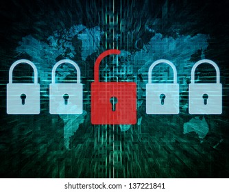 security concept - Lock on digital screen with world map