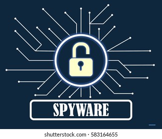 Security concept: Open lock on electronic circuit. Illustration of spyware
