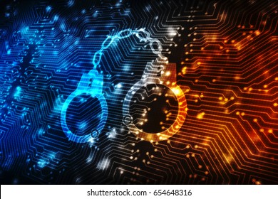 Security concept: pixelated handcuffs icon on digital background, Cyber crime concept,  3d render