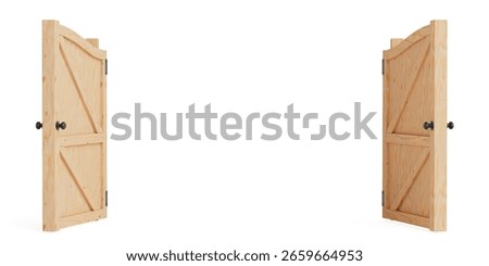 Security And Entry Concept. Opened Wooden Double Barn Gate With Natural Texture On White Background. 3d Rendering Stock foto © 