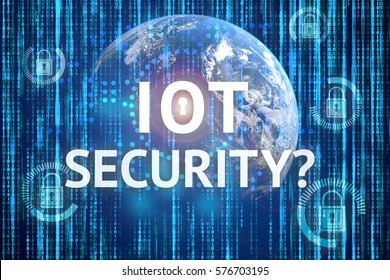 Security In Internet Of Things (IoT) Concept. Text , Master Key Graphic And Earth Furnished By NASA With Binary Coded Background