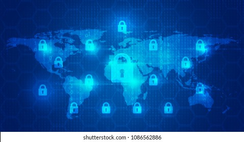 Security key lock icon digital display over the world map on dark blue background, business technology securities concept