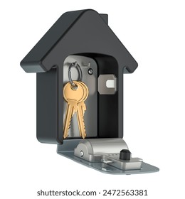 Security lock box with digit code and keys inside, for storage and transfer of keys house shaped. 3D rendering isolated on white background