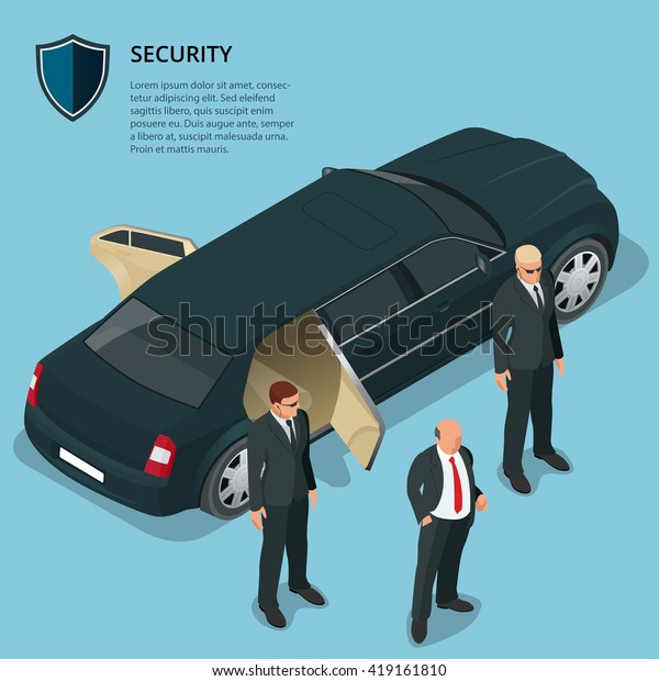 Security officers protects car with VIP person.\
Protection and professional\
teamwork